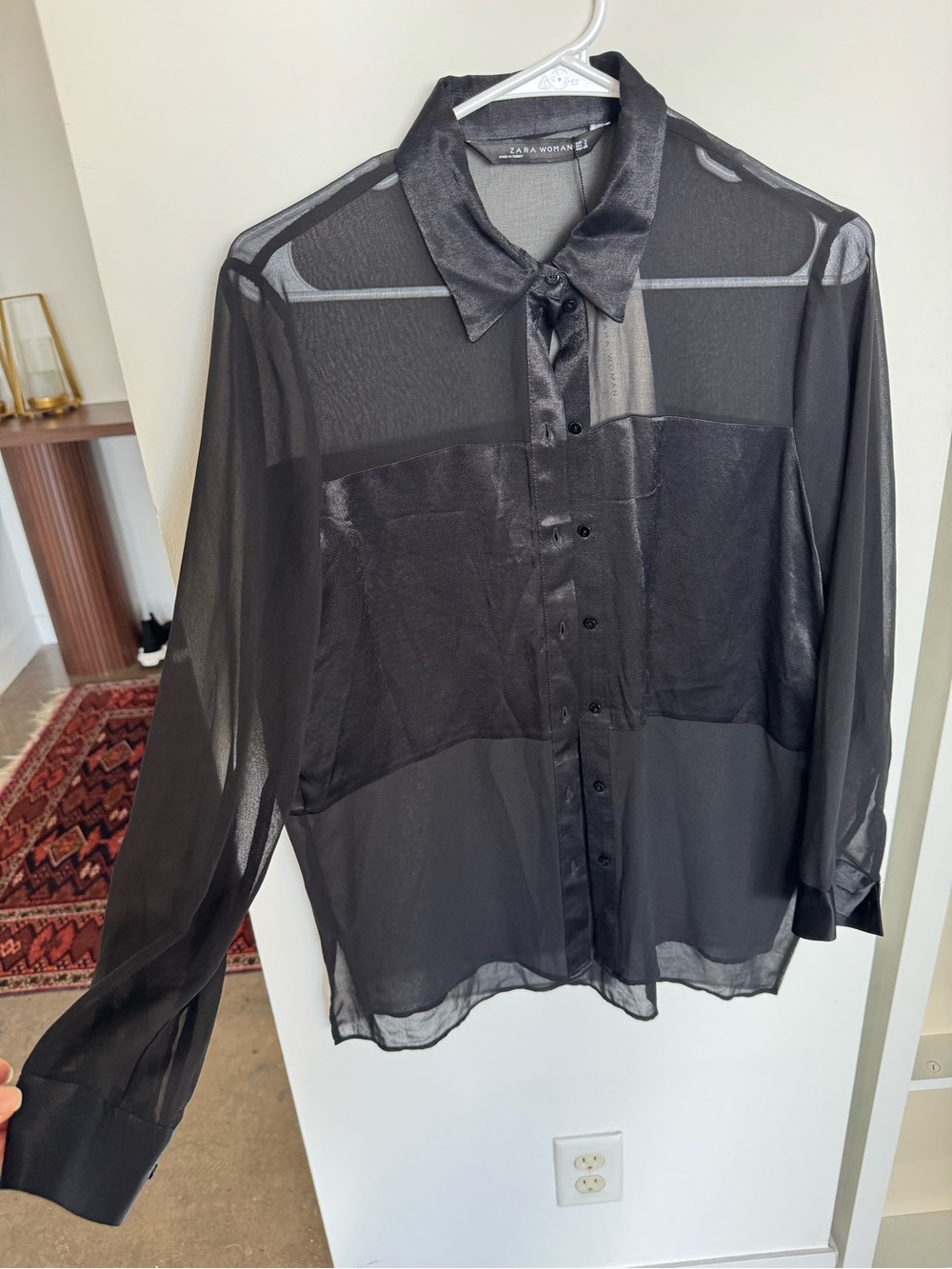 Zara Black Sheer Satin-Panel Button Shirt Small NWT